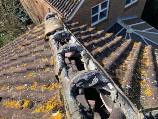 This is a photo of a damaged roof before the roofing repairs. This work was carried out by Bicester Roofing